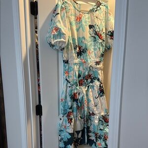 London Times Blue and Green Midi Sundress with Puff Sleeves